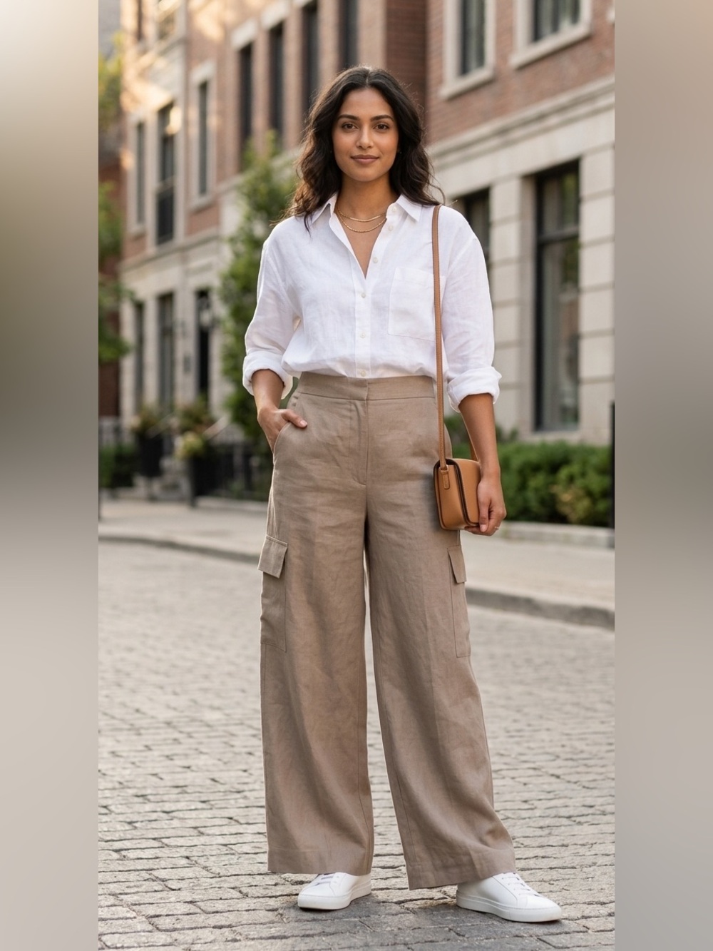 Cos Wide Leg Linen  Blend Cargo Pants Tan Color Size 4 Effortless Casual Summer